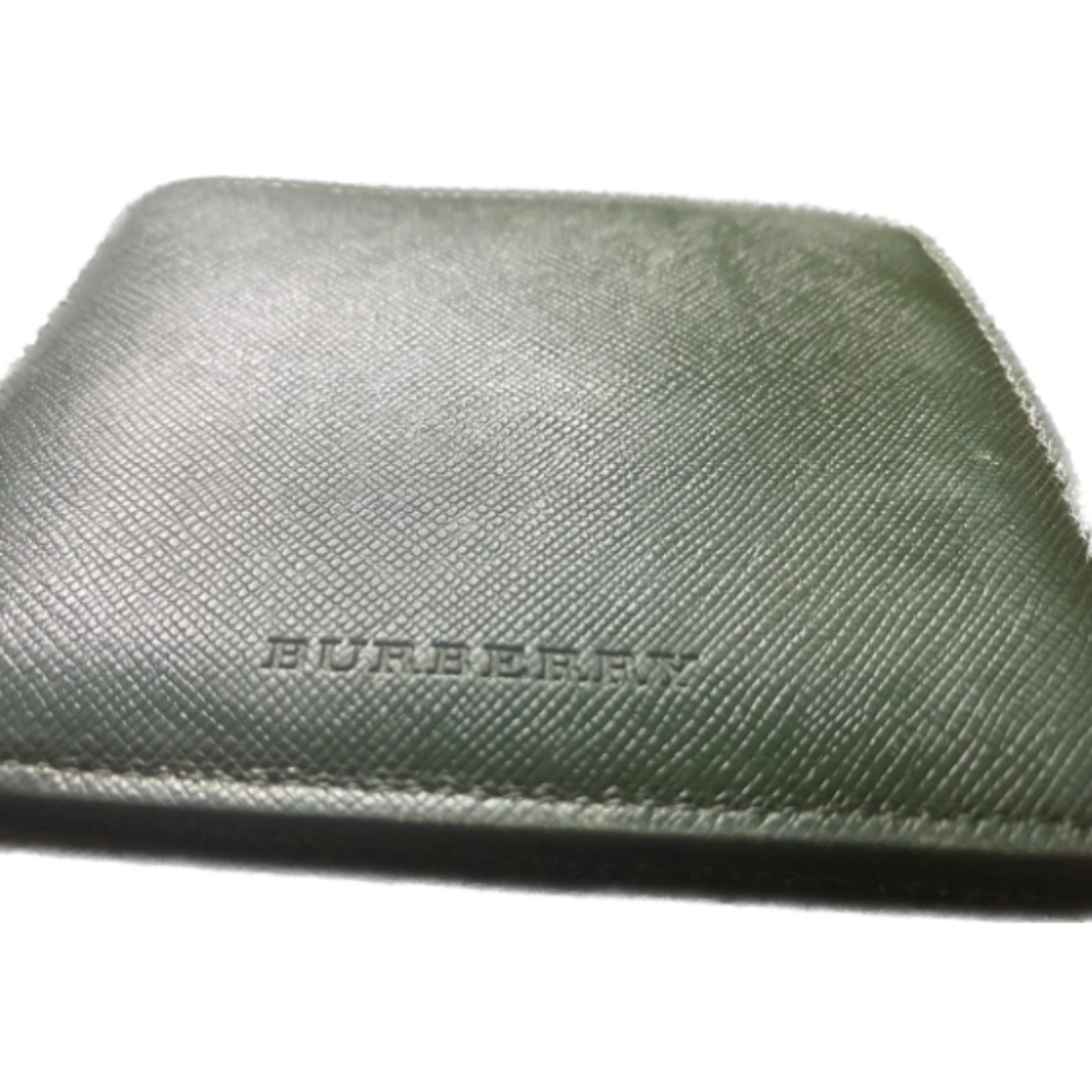Authentic Unisex Burberry Green Leather Bifold Wallet Plaid Interior